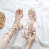 kamames Internet Celebrity High Heel Sandals Women's Lace-up Fairy Style Ins Trendy  Summer New Chunky Heel Lace-up Transparent Roman Shoes