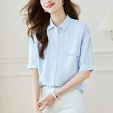 Cotton cocoon  summer new Korean version short-sleeved shirt women's Korean version loose double pockets thin versatile medium-sleeved v-neck