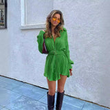 New Spring and Summer New Popular European and American Fashion Pleated Long Sleeve Shirt Style Belt Dress New0124