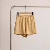 2025 spring and summer new linen buckle V-neck long-sleeved elastic waist loose shorts set