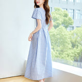 Cotton cocoon, Japanese lapel half-open button plaid dress