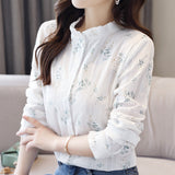 Cotton cocoon, idyllic embroidered white shirt women's long sleeves  pure cotton fungus collar top slim-fitting and thin shirt