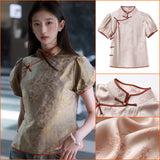 New Chinese style jacquard design shirt  summer retro stand-up collar bubble sleeve embroidered top women's N4068