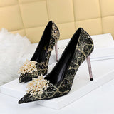 2025 628-2  sexy banquet high heels stiletto high heel shallow mouth pointed pearl flower rhinestone women's shoes single shoes