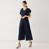 Pleated bag sleeve jumpsuit women's popular summer new belt straight wide-leg pants solid color slim-fit nine-point pants