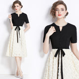 Celebrity temperament color matching fake two-piece three-dimensional flower nail drill pendulum dress women's summer popular new