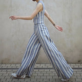 2025 spring and summer new linen vertical striped retro vacation suit high waist wide leg pants