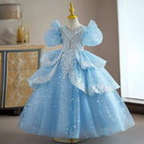 Kamames  Children's Dress  New Blue Color Birthday Princess Dress Girl Host Little Girl Catwalk Costume for Piano Performance