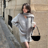 2025 popular autumn and winter new wool knitted sweater with scarf + hip skirt two-piece set 25184
