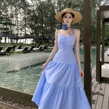 2025 coffee break first love neck suspender dress women's summer new blue plaid seaside vacation beach dress