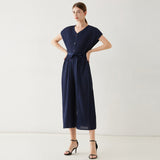 Pleated bag sleeve jumpsuit women's popular summer new belt straight wide-leg pants solid color slim-fit nine-point pants