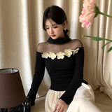 2025 popular autumn and winter new temperament round neck mesh splicing bottoming shirt women's versatile top tide 89153