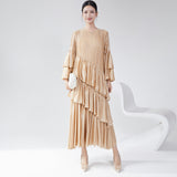 2025 Hot trade dress women's spring and summer high-end round neck horn sleeve cake skirt fashion temperament elegant pleated dress skirt