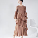 2025 Hot trade dress women's spring and summer high-end round neck horn sleeve cake skirt fashion temperament elegant pleated dress skirt