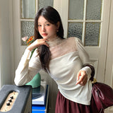 2025 popular autumn and winter new temperament round neck lace splicing bottoming shirt women's versatile top tide 89150