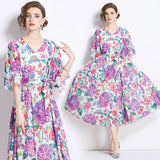 Gentle wind temperament Tencel skirt elegant drape print dress large size loose dress