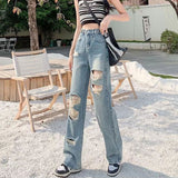 kamames Multi-Button High Waist Adjustable Wide Leg Jeans Women's Spring and Summer Small Loose Beggar Ripped Straight-Leg Trousers