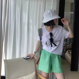 kamames Green Vertical Striped Casual Shorts Women's White Western Style Elastic Waist A- line Slim Fit Beach Hot Pants Korean Style Niche