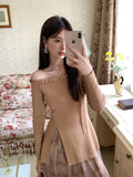 2025 Xiuxixi autumn new temperament small fragrant wind scarf bottoming shirt beaded long-sleeved knitted sweater women's top 25091
