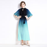 popular summer new pleated celebrity short-sleeved stand-up collar waist a word gradual change color dress elegant dress long dress