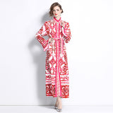 Light luxury temperament stand-up collar horn sleeve waist celadon printed a-word dress elegant dress long dress
