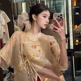 Mulberry silk new Chinese women's embroidered shirt  summer new premium thin short-sleeved top M5100