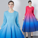 Miyake gradual change color dress women commuter advanced sense seven-quarter sleeve pleated bud skirt big swing long dress large size women's clothing