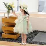 Kamames  Girls' Dress Summer Western Style Cute Baby Three-Dimensional Flower Princess Dress All-Match Ribbon Straw Hat Flower Skirt