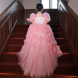 Kamames  Children's High-End Performance Costume Evening Dress Flower Girl Tail Little Girl Tulle Tutu Pink Princess Dress Catwalk Girl Dress