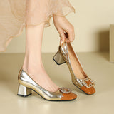 2025 5299-A3 color matching medium heel square buckle rhinestone single shoes fairy style square head thick heel light mouth professional high heels 5CM