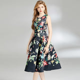 Spring and summer  women's round neck sleeveless vest pleated waist umbrella pendulum black background printed flower dress XL