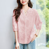 Cotton cocoon V-neck embroidered hollow seven-quarter sleeve shirt women's spring and summer  new pure cotton temperament simple top shirt