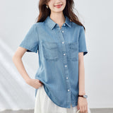 Cotton cocoon, Tencel sunscreen short-sleeved denim shirt women's summer  new commuter Korean version design top