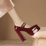 kamames Square Toe Mary Jane Women's Shoes  New Small Chunky Heel Waterproof Platform High Heels Red Bridal Shoes 12cm