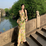 2025 Travel photo good-looking skirt, thin and tall artist oil painting skirt satin suspender skirt long gentle wind