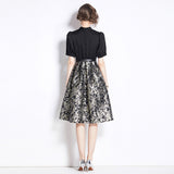 Temperament V-neck jacquard dress women's popular summer new retro high-end waist fake two-piece skirt