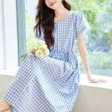 Cotton cocoon, Japanese lapel half-open button plaid dress
