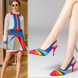 kamames Summer New Pointed Toe Shallow Mouth Rainbow Color-Blocking Stiletto Heel Sandals  plus Size Catwalk Banquet Wedding Shoes Women