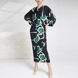 2025 High-quality women's clothing fashion dress women's spring and summer new printed bat sleeves to cover the belly and look thin and elegant long dress