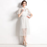 light luxury retro style lapel sexy hollow high sense heavy lace waist thin white dress
