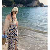 2025 Bohemian wide-leg pants women's summer blue plaid print split-ended drape trousers seaside wear pants beach culottes