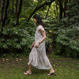 Summer  vacation dress Tencel pleated floral skirt fungus edge print gentle long dress B0332