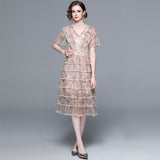 Light luxury high-end mesh cake skirt for women's heavy industry nail beads V-neck printed pendulum long skirt short-sleeved waist dress