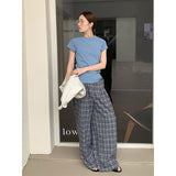 2025 THE MIND plaid drape casual pants women's 2025 thirteen rows summer high waist loose wide leg trousers T210