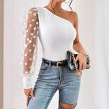 New women's clothing popular new slanted shoulder single-sleeved polka dot mesh stitching long-sleeved waist and thin women's top T