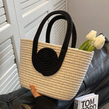 KAMAMES New Woven Bag Simple Back Shape Straw Handbag Crossbody Vacation Cotton String Commuting Women's Tote Bag