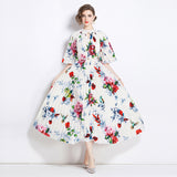 Popularan large-size women's clothing high-end printing heavy industry beaded pleated long dress pleated skirt temperament dress women