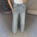 2025 street style design sense full diamond straight jeans women's spring and summer high waist versatile pants women's denim wholesale