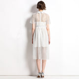 light luxury retro style lapel sexy hollow high sense heavy lace waist thin white dress