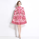 Court style dress women's popular new spring temperament stand-up collar breasted slim-fitting long niche printed dress skirt